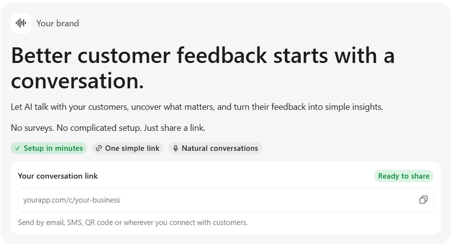Early design concept showing a business-branded AI conversation link, simple sharing options and a ready-to-share indicator